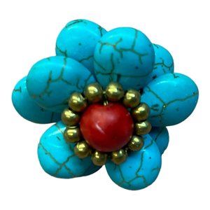 Vintage Turquoise Stone Flower Brass Wire Wrap Ring